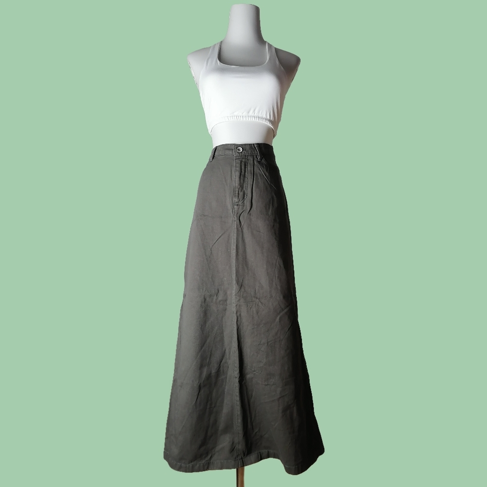 Olive green denim long skirt